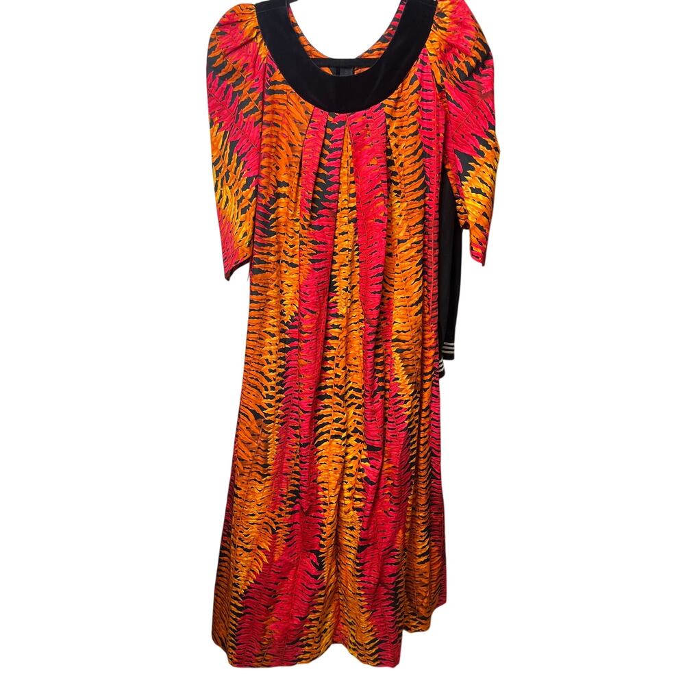 Hawaiian Fern Leaf Black Velvet Collar Orange Muumuu Dress